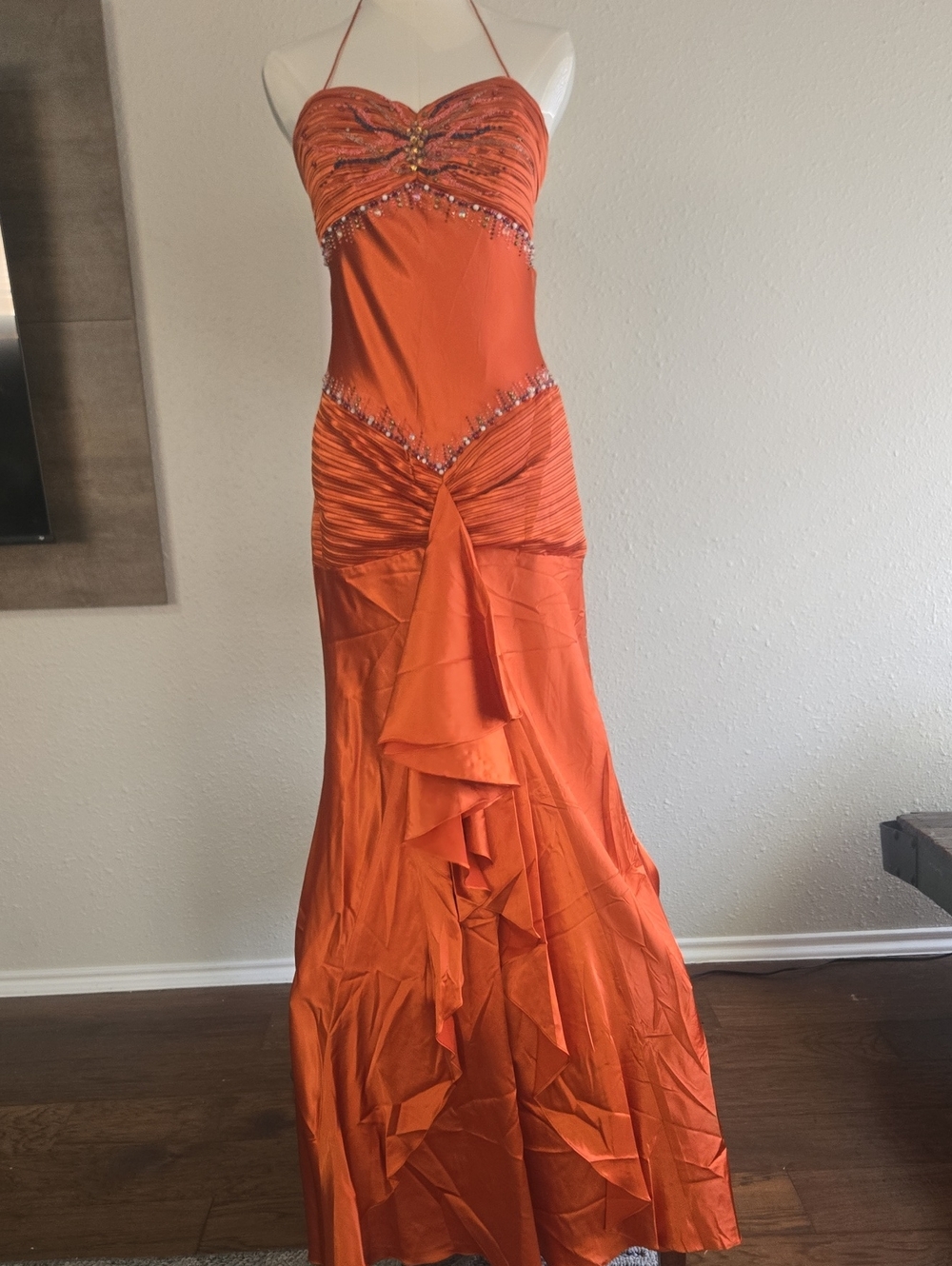 Aspeed Strapless Orange Ruffled Evening Gown